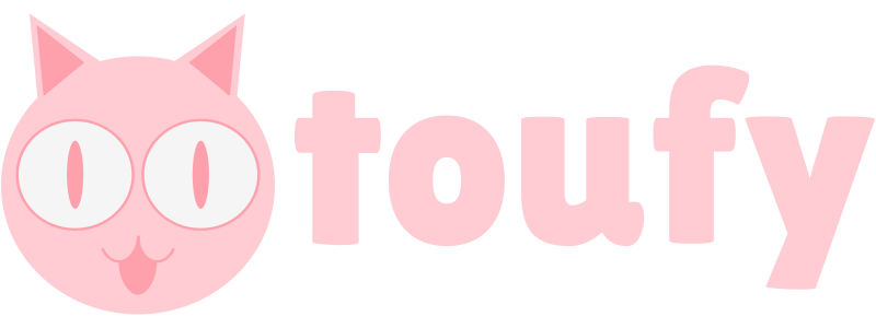 a cartoonish light pink cat face, with big eyes and sharp ears.
the eyes are white with dark pink pupils.
the cat is happy, sticking its tongue out.
next to the cat face is the word 'toufy' in the 'Lilita One' font.