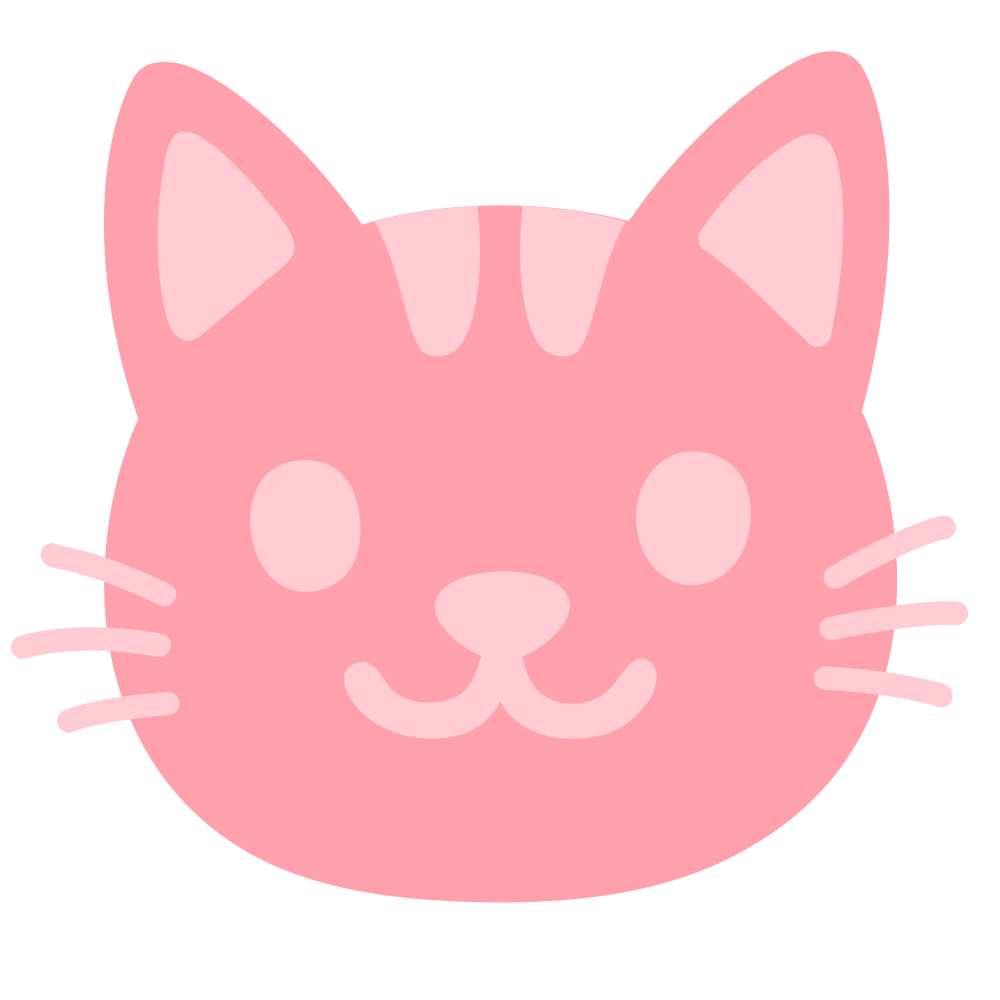 the smiling noto cat emoji, with the colors modified such that the face and ears are a dark shade of pink, and the whiskers, eyes, mouth, inside of the ears, and nose, are a light shade of pink